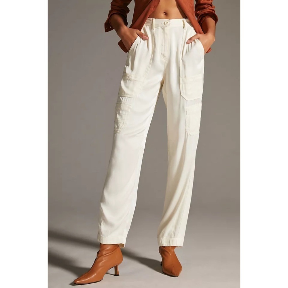 Anthropologie Maeve Ivory Satin Utility Cargo Pants High Waist Size 6 NWT